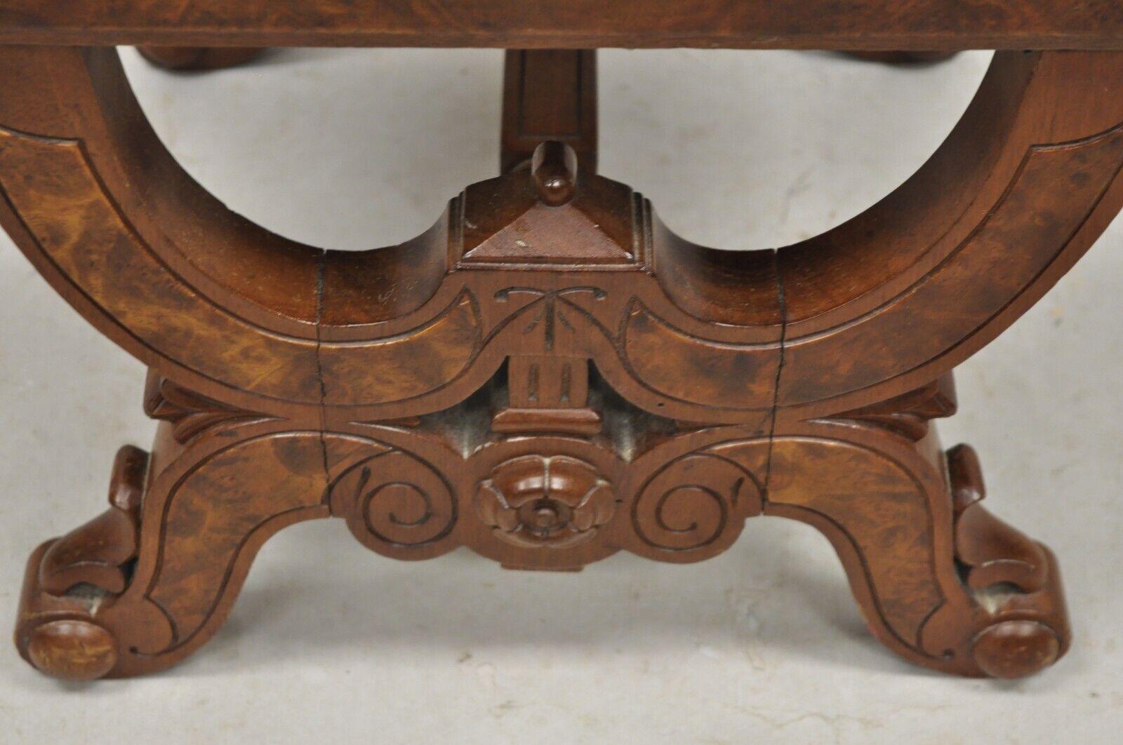 Antique Eastlake Victorian Burl Walnut Carved Curule Footstool Ottoman For Sale 3
