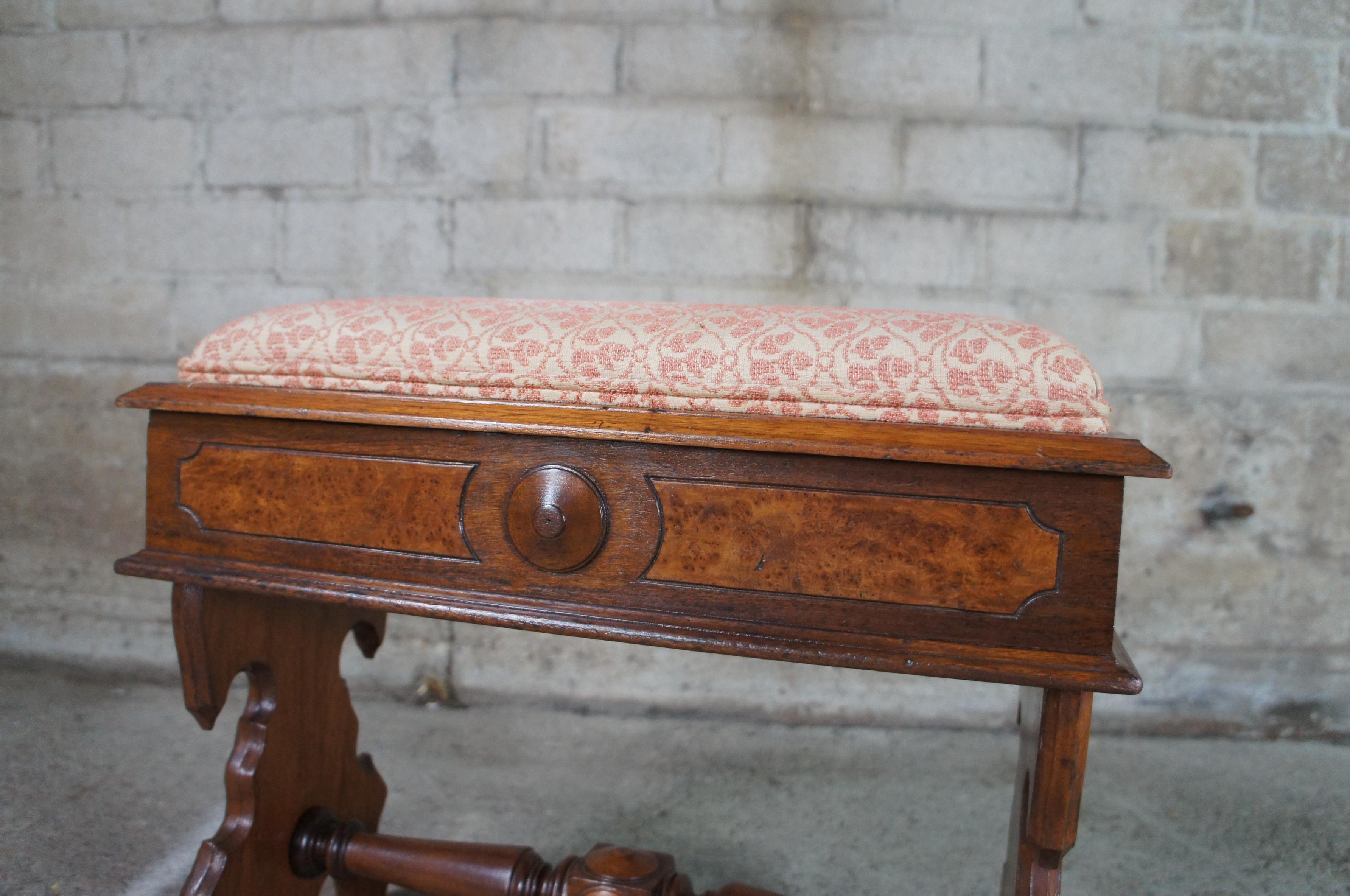 Antique Eastlake Victorian Burl Walnut Flip Top Storage Piano Stool Bench Seat 5