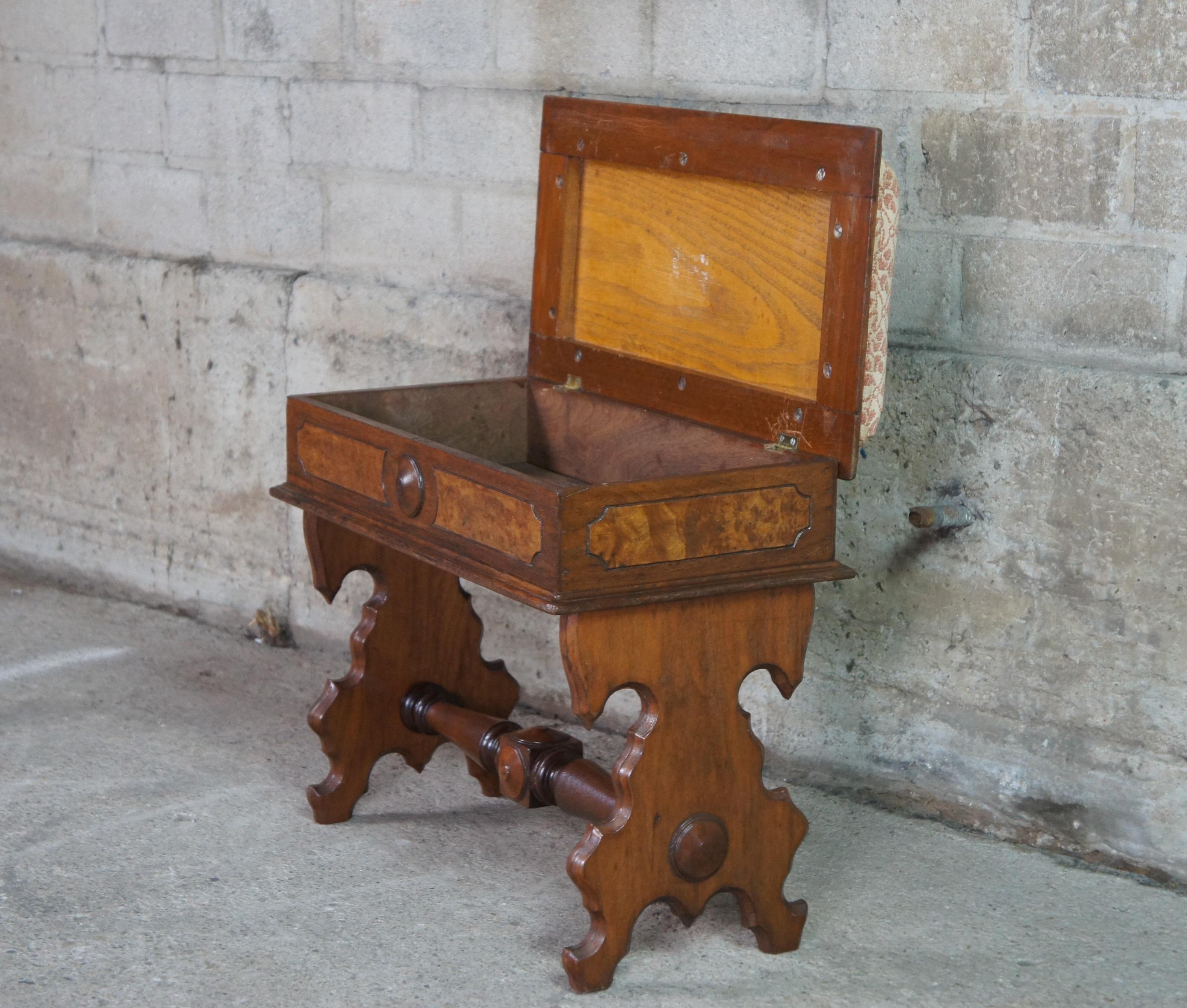 19th Century Antique Eastlake Victorian Burl Walnut Flip Top Storage Piano Stool Bench Seat