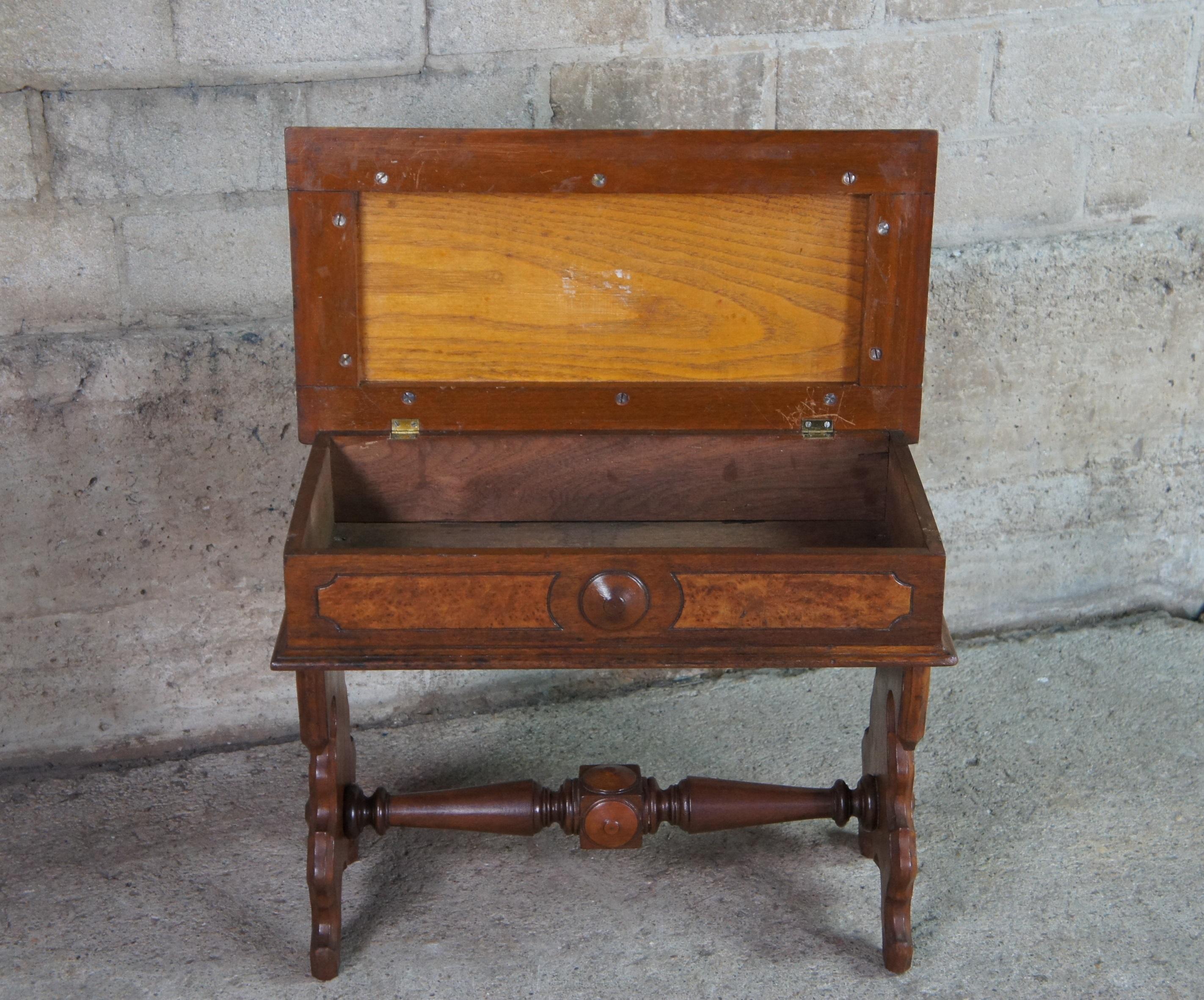 Upholstery Antique Eastlake Victorian Burl Walnut Flip Top Storage Piano Stool Bench Seat