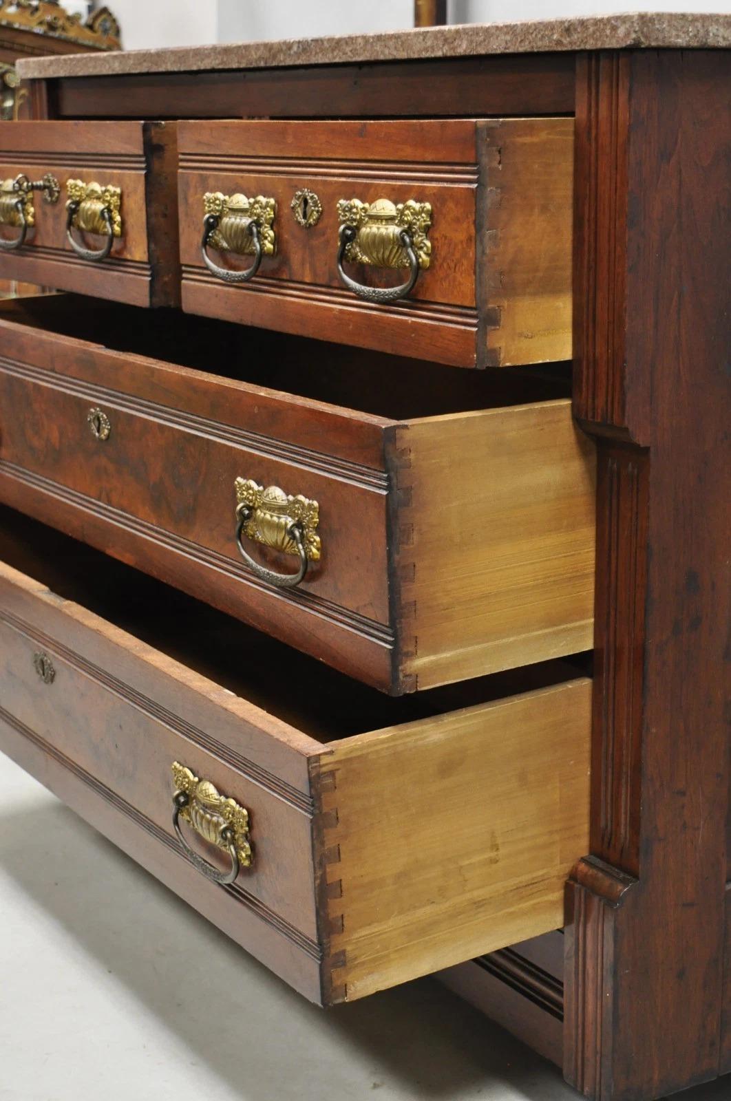Antique Eastlake Victorian Burl Walnut Marble Top Washstand Dresser w/ Mirror For Sale 7