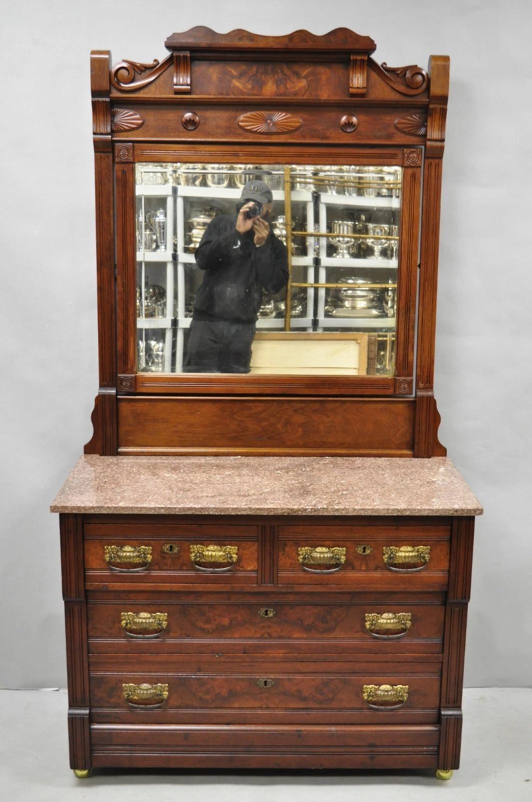 Antique Eastlake Victorian Burl Walnut Marble Top Washstand Dresser w/ Mirror For Sale 10