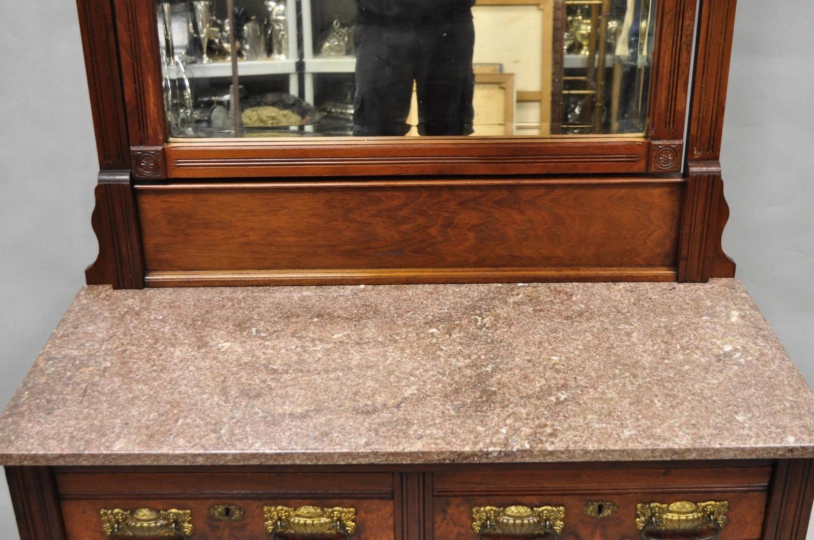 19th Century Antique Eastlake Victorian Burl Walnut Marble Top Washstand Dresser w/ Mirror For Sale
