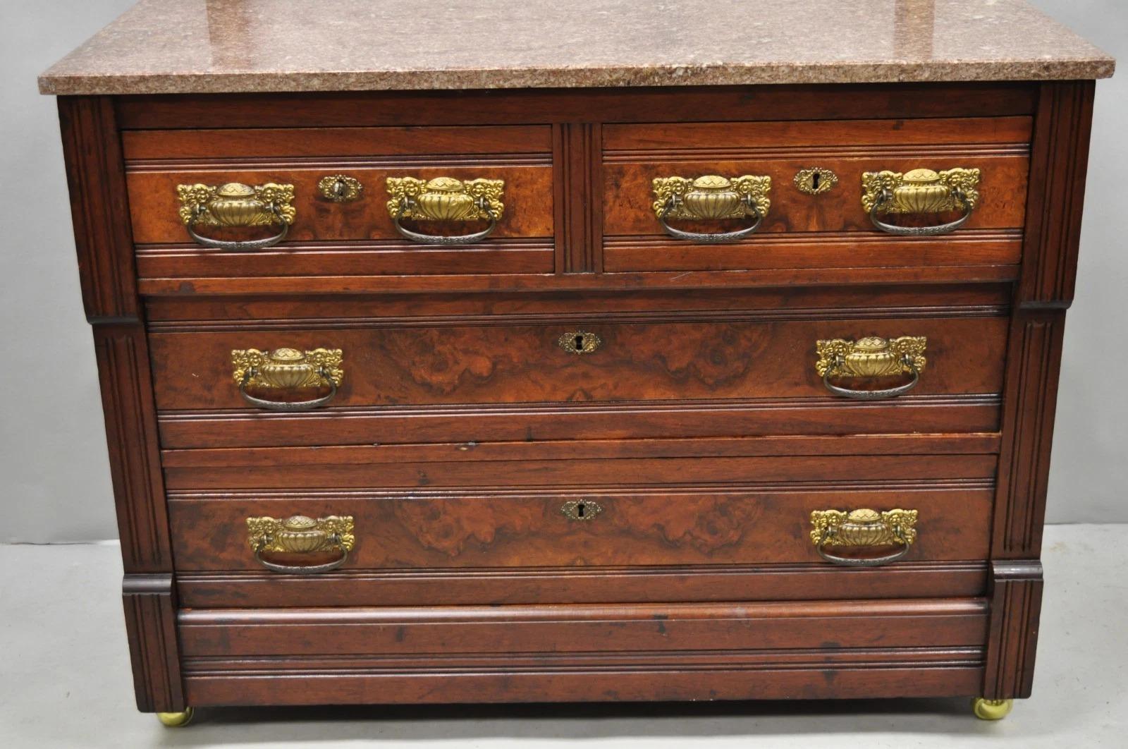 Glass Antique Eastlake Victorian Burl Walnut Marble Top Washstand Dresser w/ Mirror For Sale