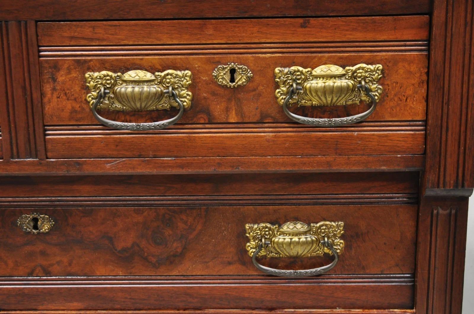 Antique Eastlake Victorian Burl Walnut Marble Top Washstand Dresser w/ Mirror For Sale 1
