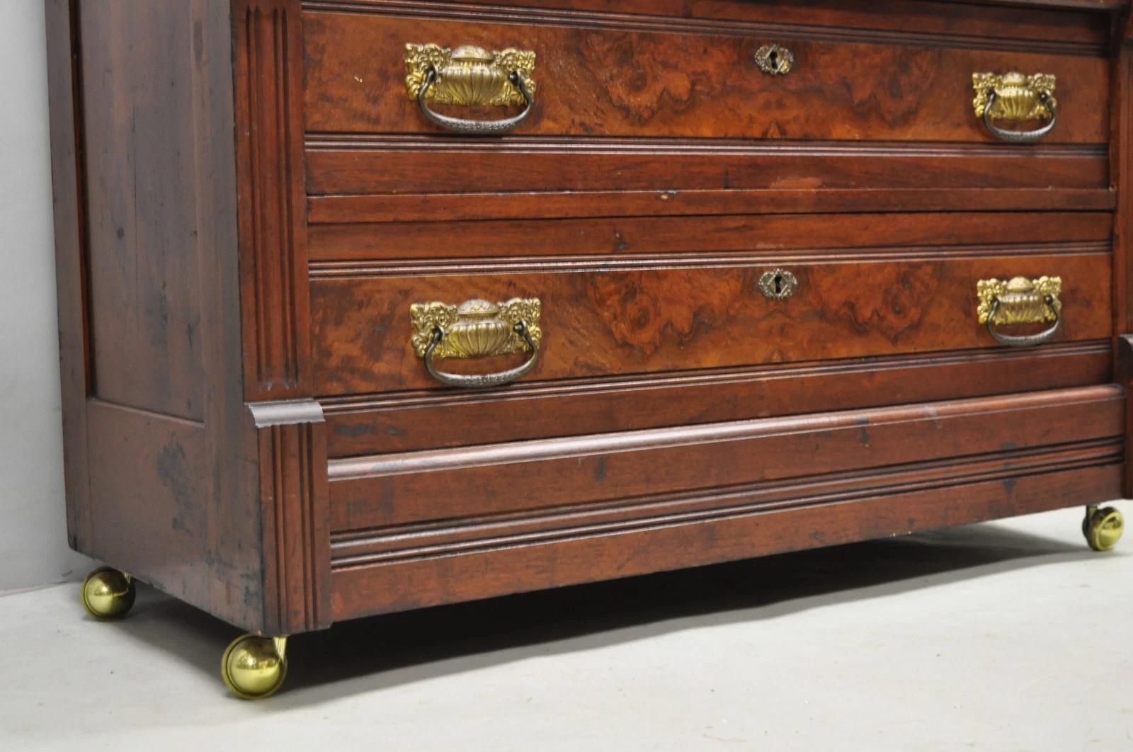 Antique Eastlake Victorian Burl Walnut Marble Top Washstand Dresser w/ Mirror For Sale 2