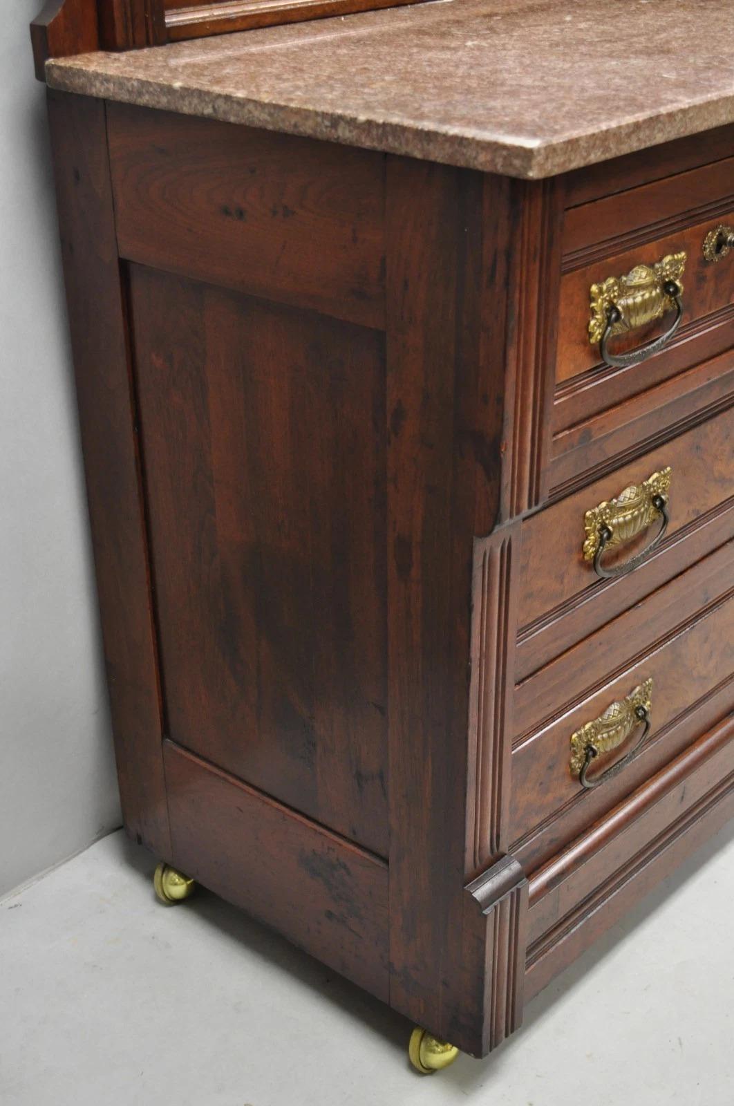 Antique Eastlake Victorian Burl Walnut Marble Top Washstand Dresser w/ Mirror For Sale 3