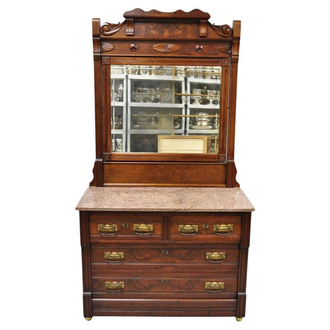 Antique Eastlake Victorian Burl Walnut Marble Top Washstand Dresser w/ Mirror