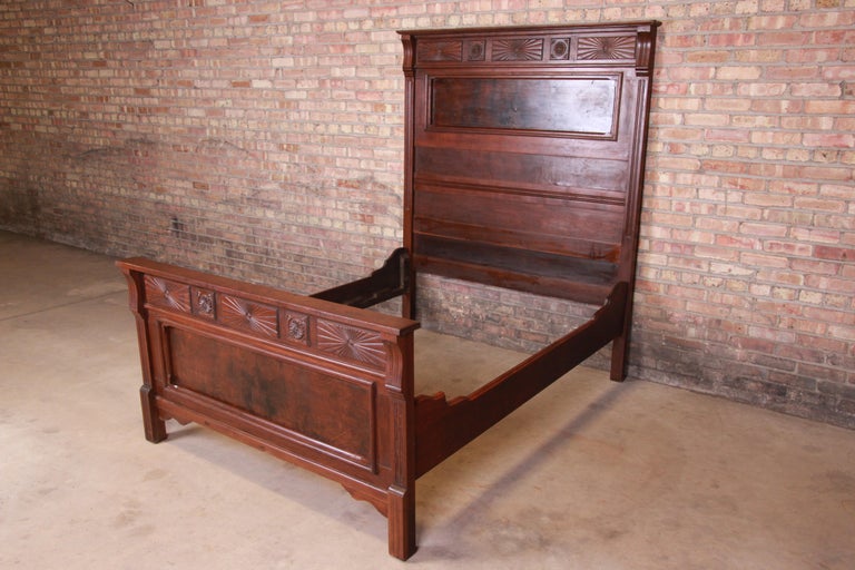 Antique Eastlake Victorian Burled Walnut Full Size Bed, circa 1880s at