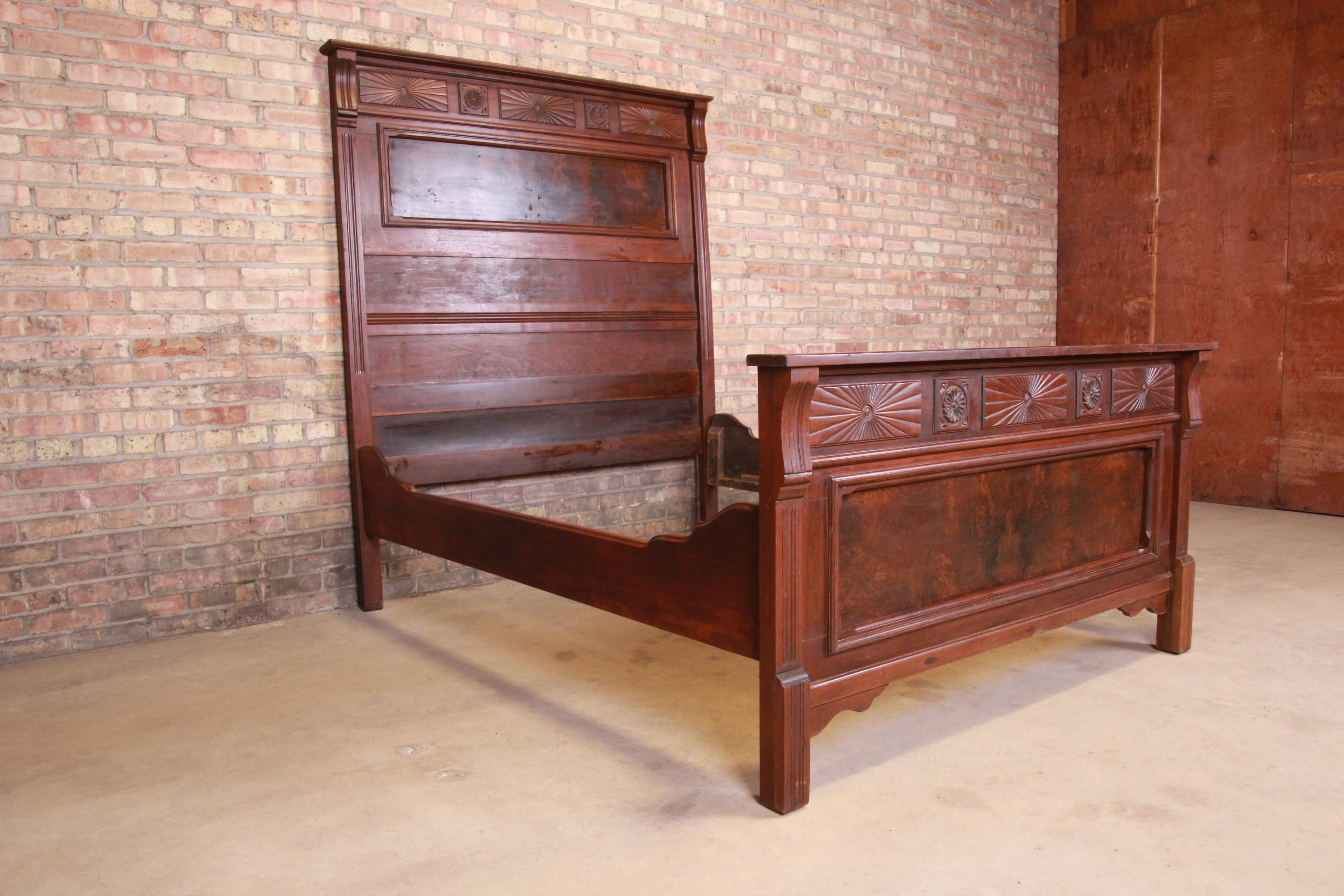 American Antique Eastlake Victorian Burled Walnut Full Size Bed, circa 1880s