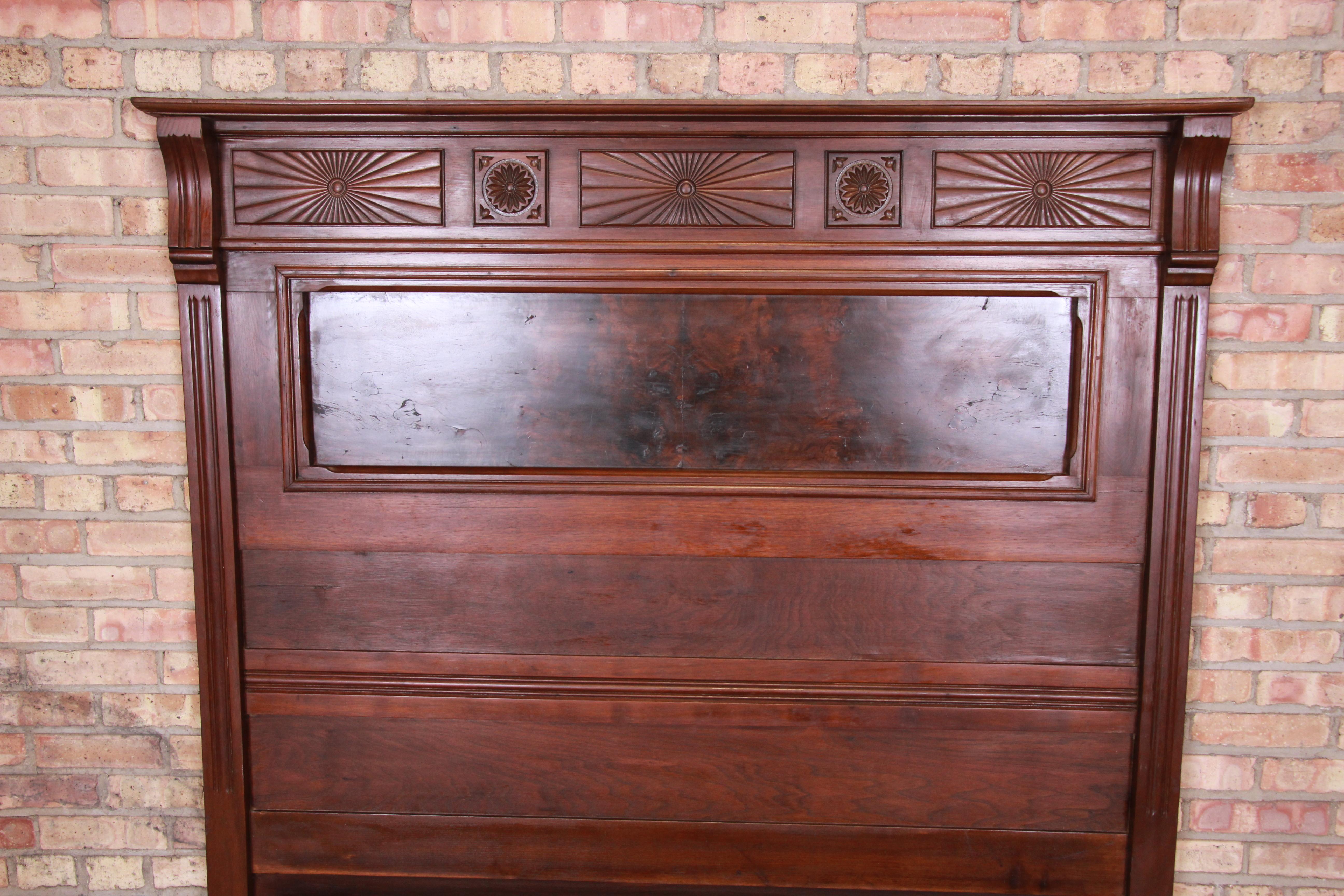 Antique Eastlake Victorian Burled Walnut Full Size Bed, circa 1880s In Good Condition In South Bend, IN