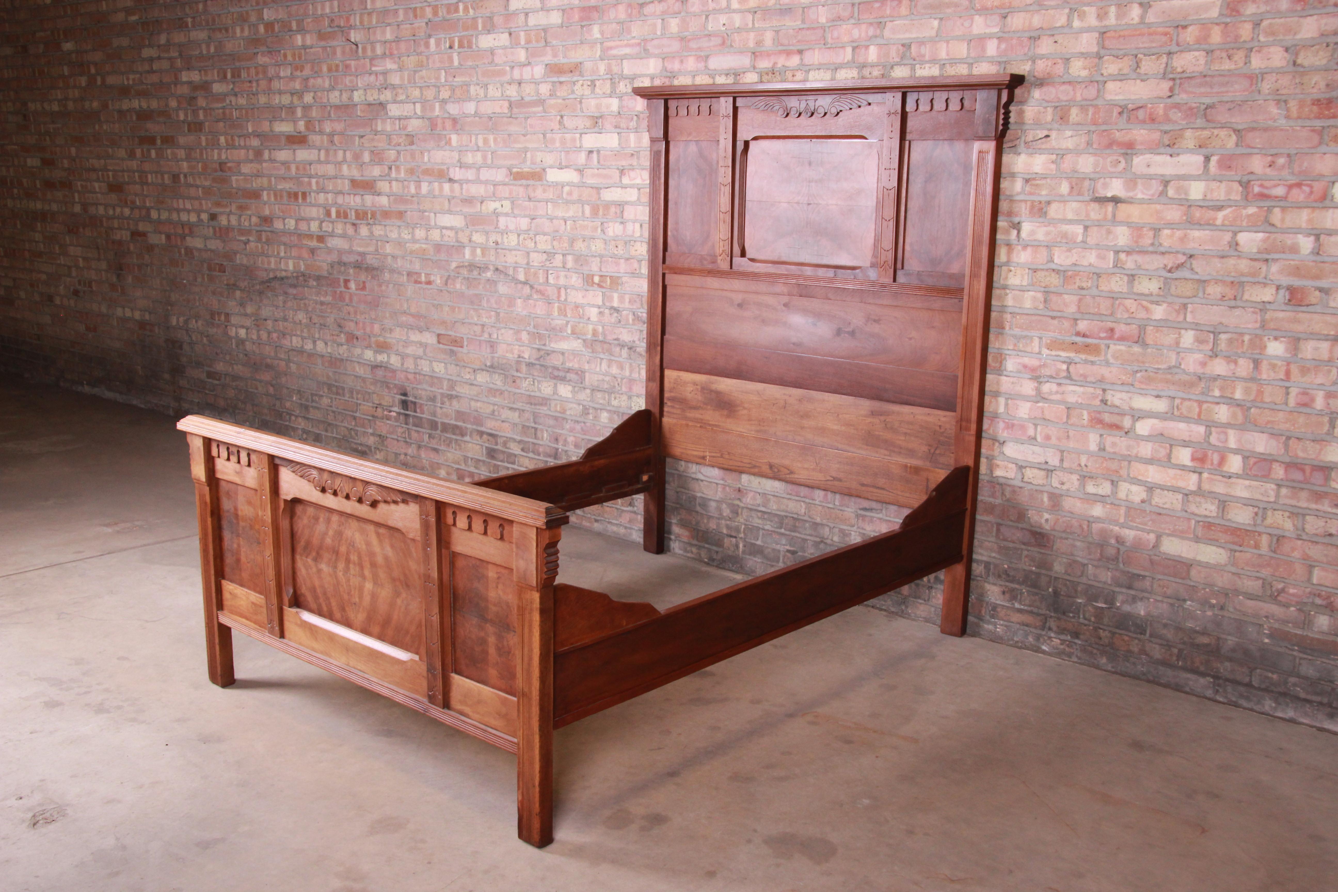 American Antique Eastlake Victorian Burled Walnut Full Size Bed, circa 1880s