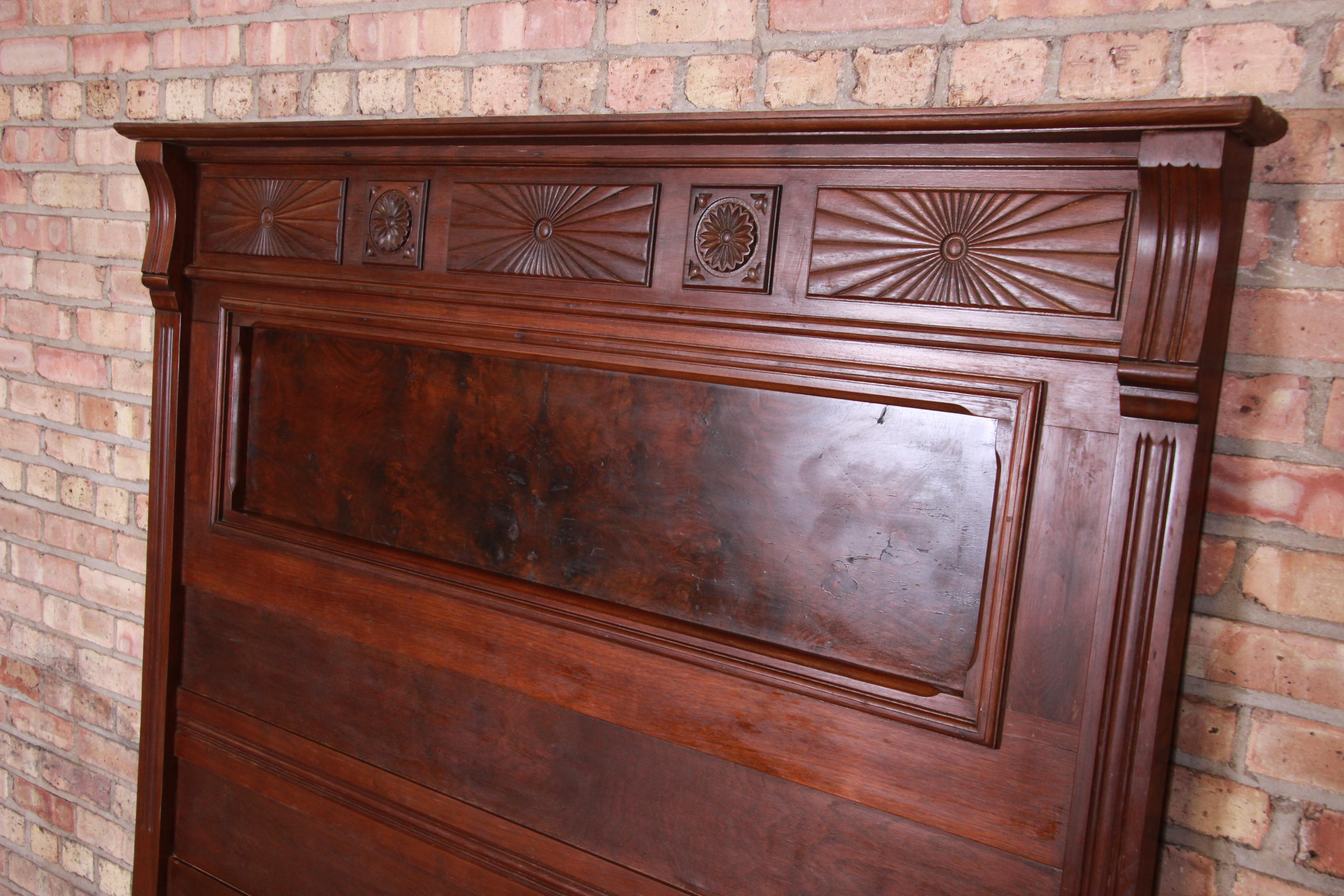 19th Century Antique Eastlake Victorian Burled Walnut Full Size Bed, circa 1880s