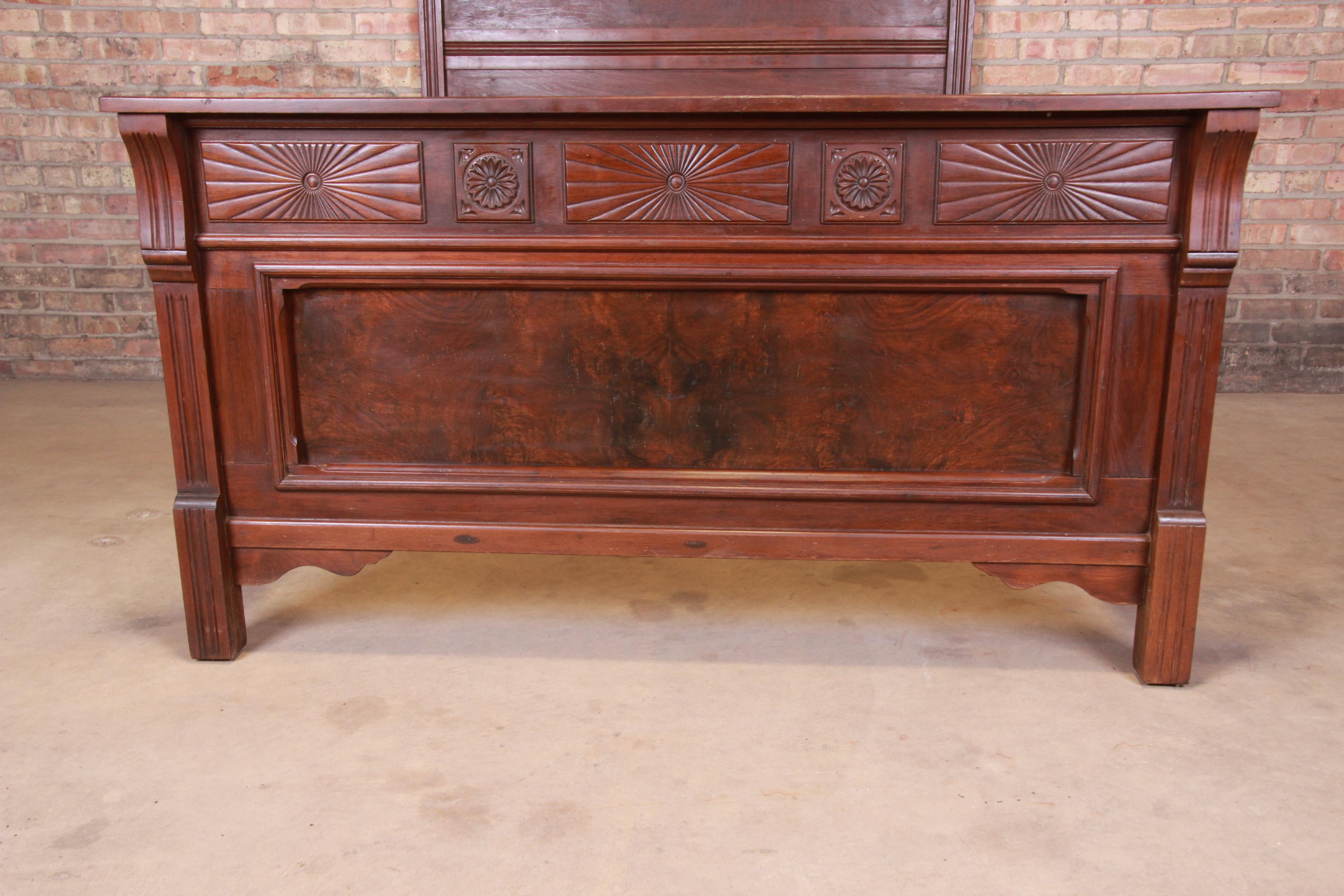 Antique Eastlake Victorian Burled Walnut Full Size Bed, circa 1880s 3