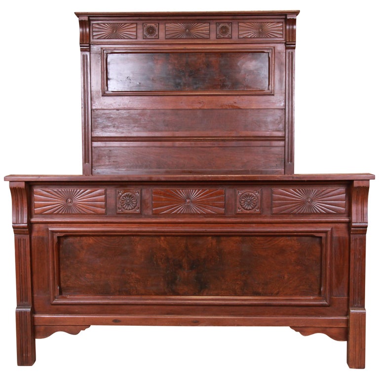Antique Eastlake Victorian Burled Walnut Full Size Bed, circa 1880s at