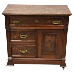 Antique Eastlake Victorian Burlwood Walnut Marble Top Washstand Nightstand Commo