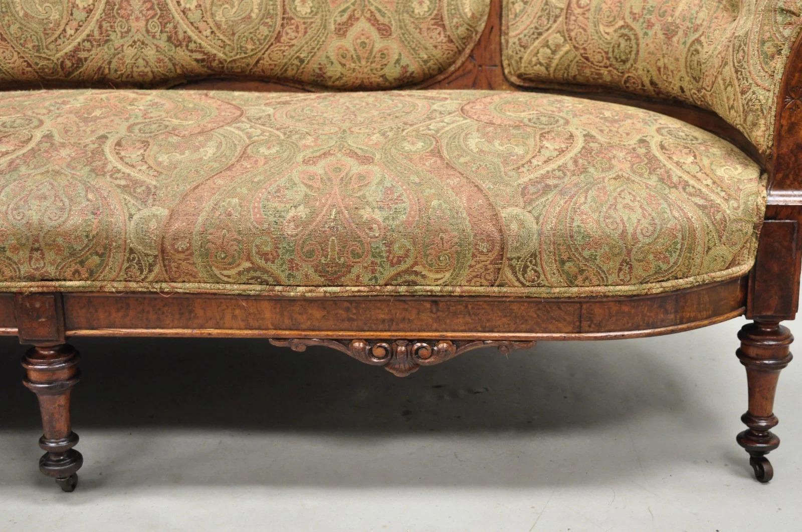 Antique Eastlake Victorian Carved Burl Walnut Parlor Set Sofa & 2 Chairs - 3 Pcs For Sale 7