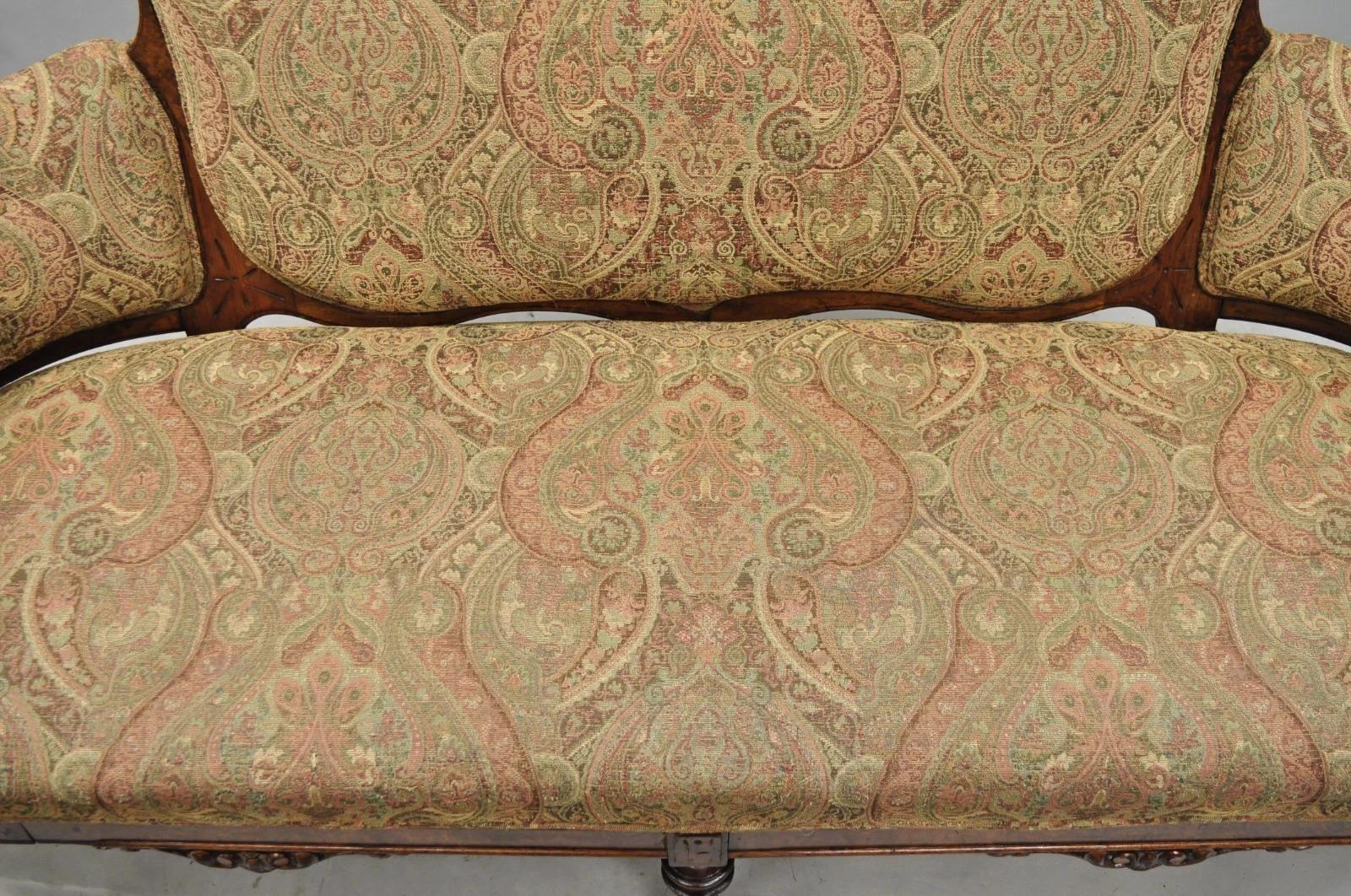 Antique Eastlake Victorian Carved Burl Walnut Parlor Set Sofa & 2 Chairs - 3 Pcs For Sale 9