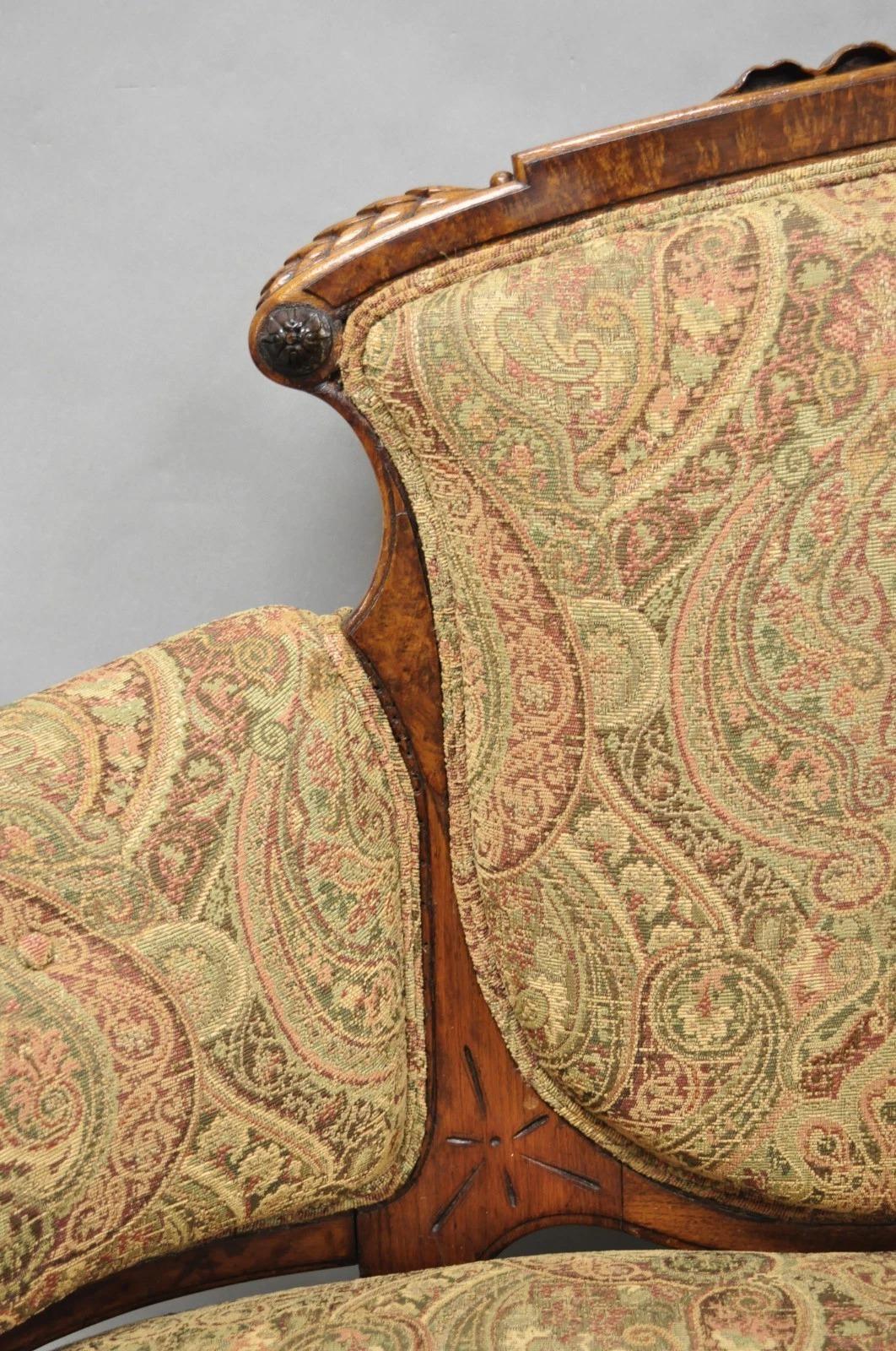 Antique Eastlake Victorian Carved Burl Walnut Parlor Set Sofa & 2 Chairs - 3 Pcs For Sale 12