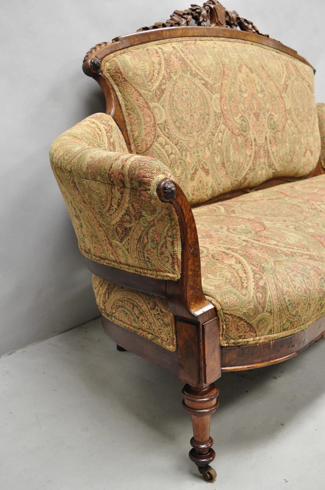 Antique Eastlake Victorian Carved Burl Walnut Parlor Set Sofa & 2 Chairs - 3 Pcs For Sale 15