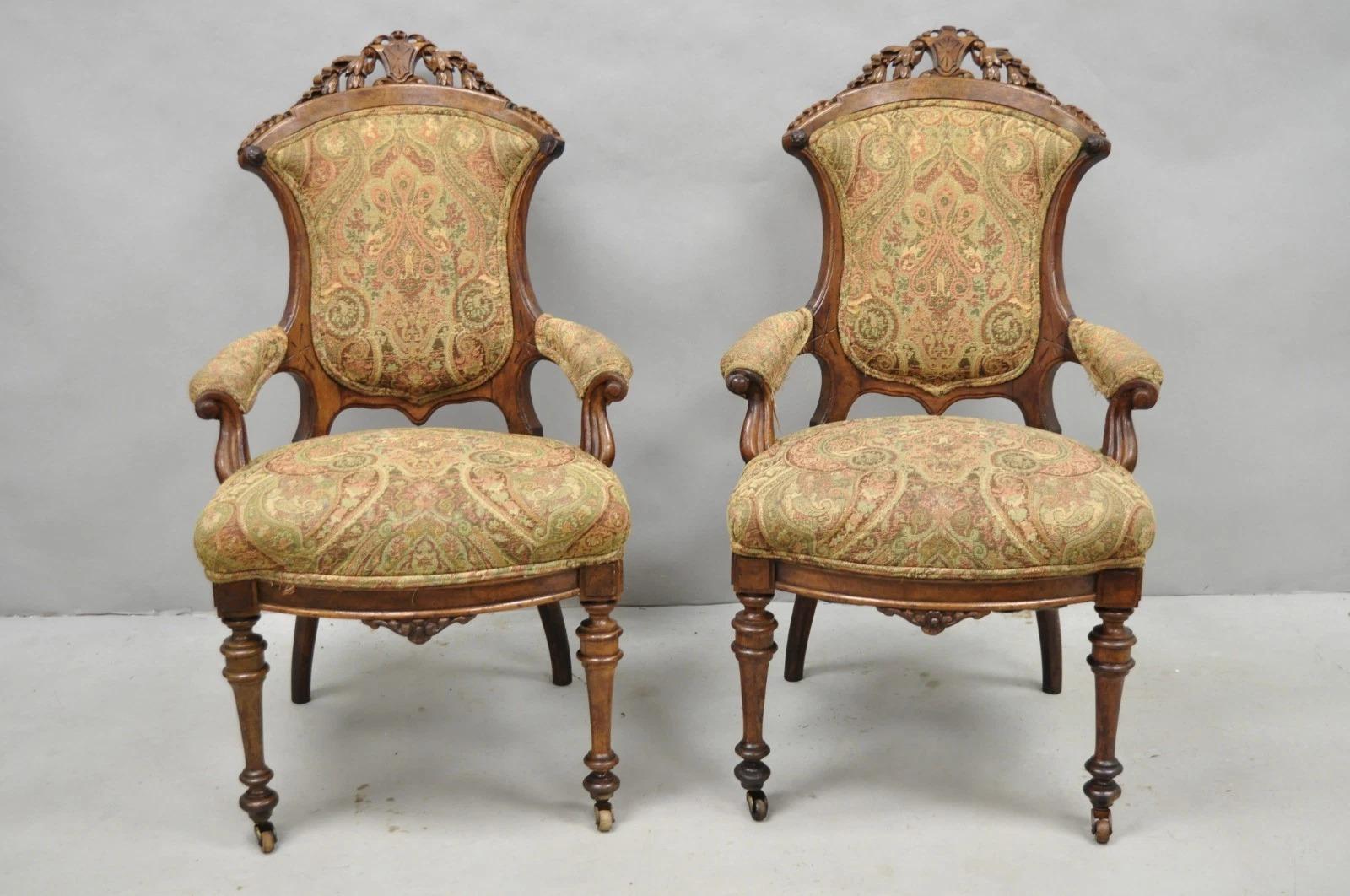 Antique Eastlake Victorian Carved Burl Walnut Parlor Set Sofa & 2 Chairs - 3 Pcs In Good Condition For Sale In Philadelphia, PA