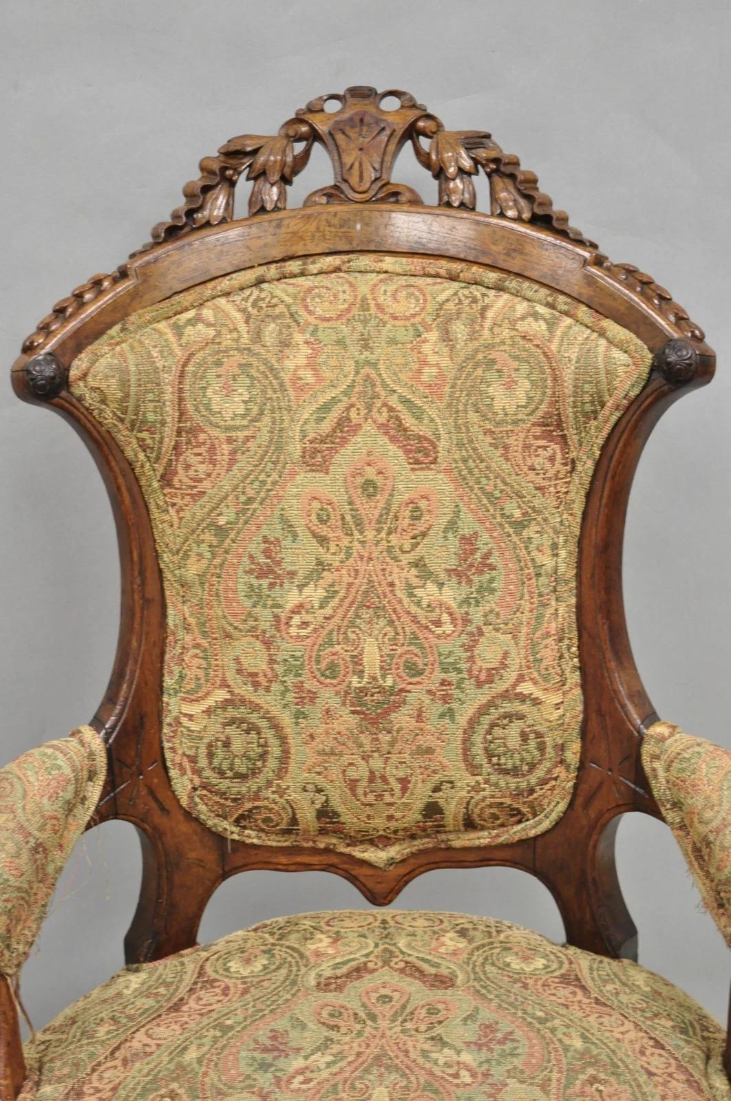 19th Century Antique Eastlake Victorian Carved Burl Walnut Parlor Set Sofa & 2 Chairs - 3 Pcs For Sale