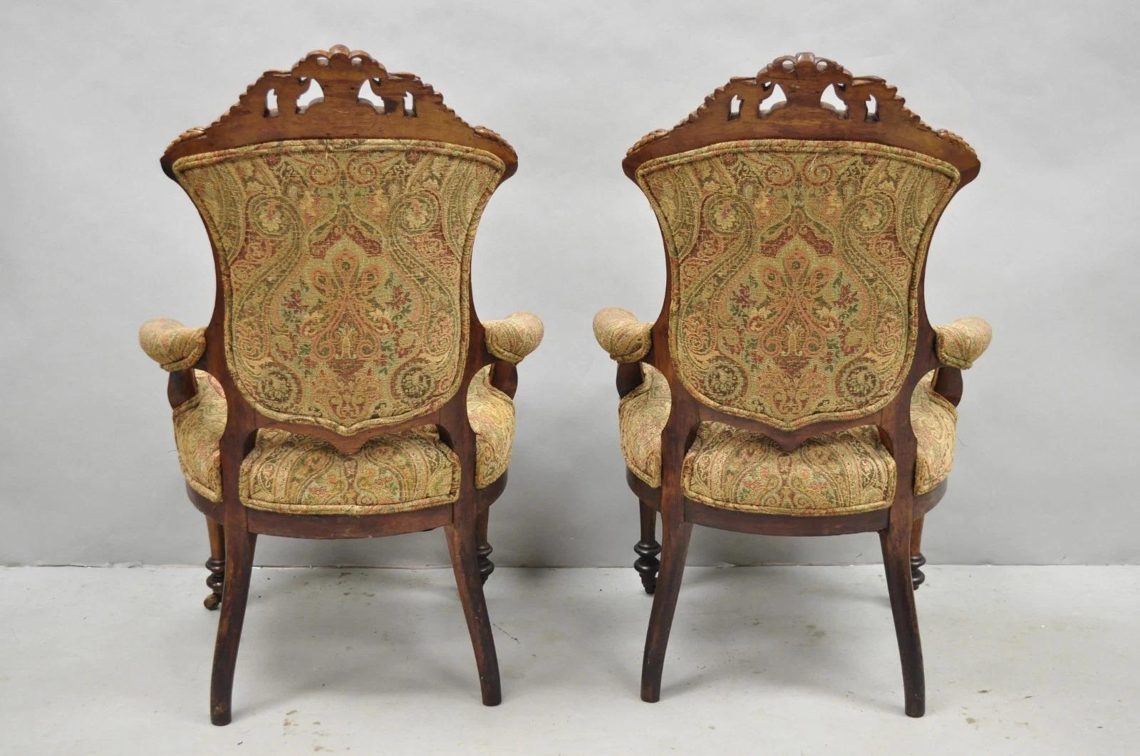 Antique Eastlake Victorian Carved Burl Walnut Parlor Set Sofa & 2 Chairs - 3 Pcs For Sale 4