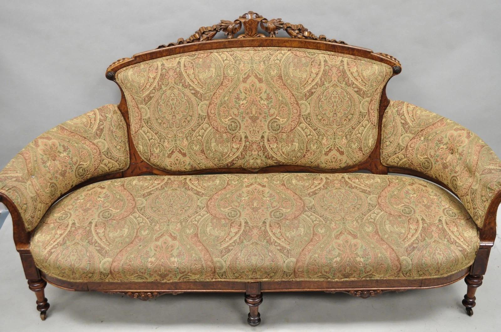 Antique Eastlake Victorian Carved Burl Walnut Parlor Set Sofa & 2 Chairs - 3 Pcs For Sale 5