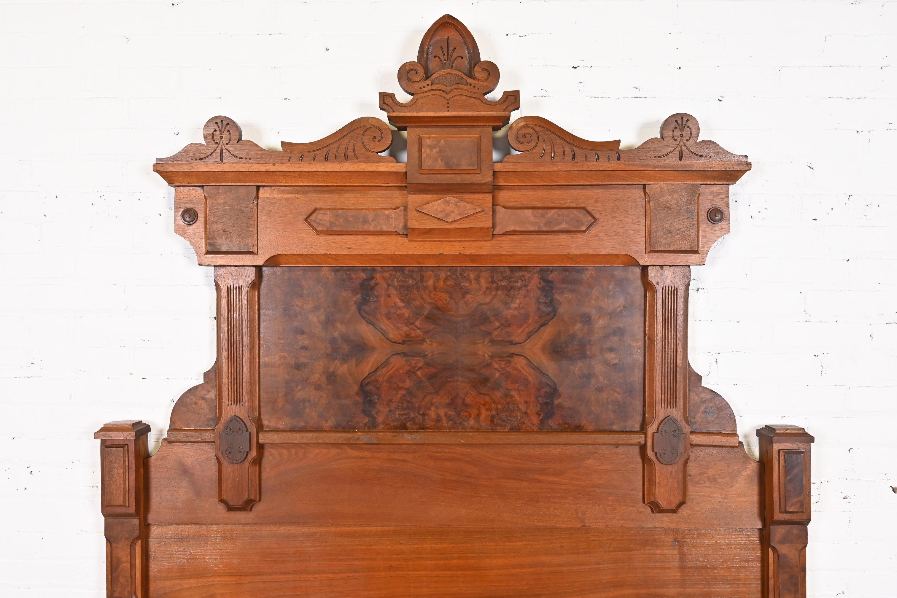 Antique Eastlake Victorian Carved Burled Walnut Monumental Full Size Headboard In Good Condition In South Bend, IN