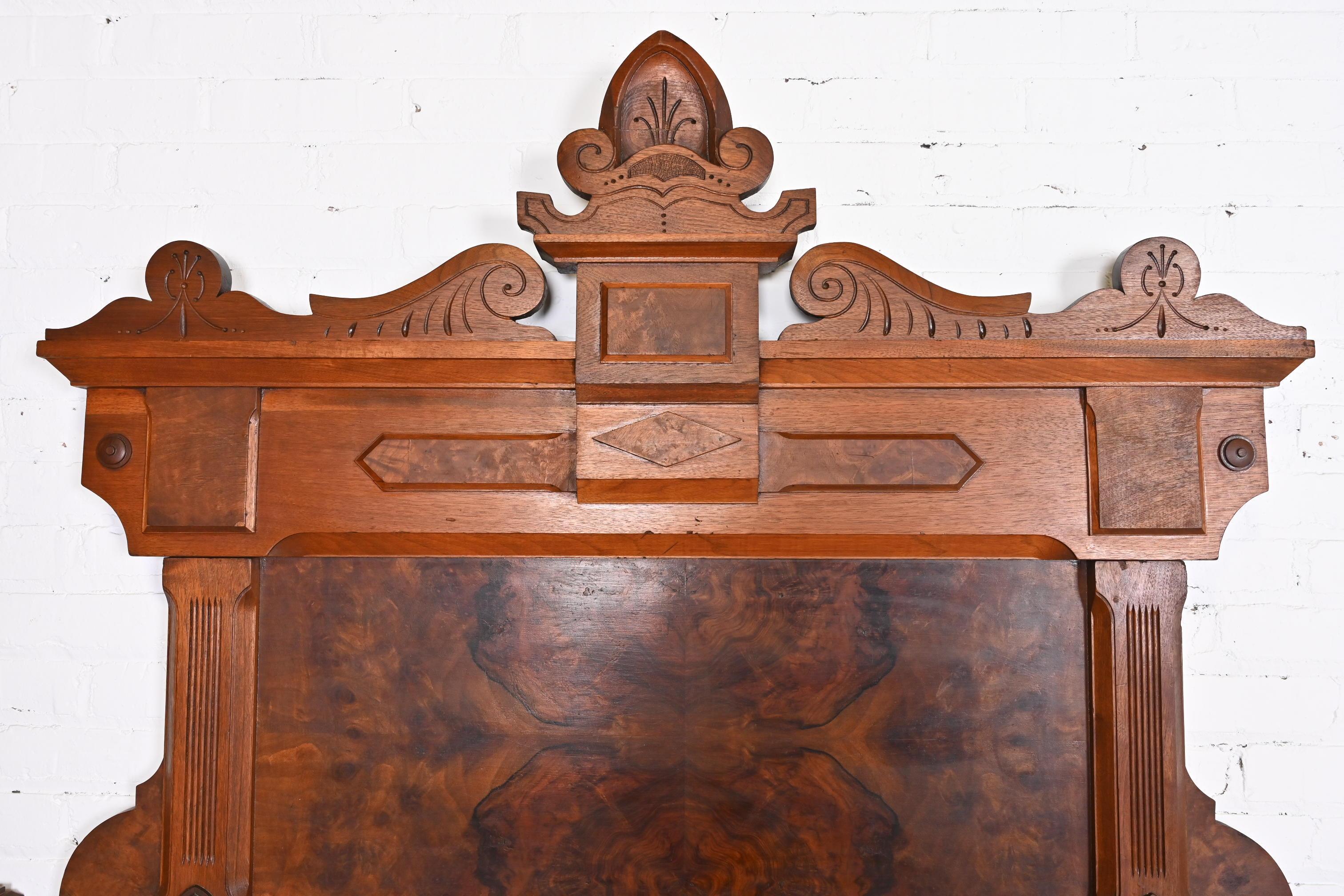 19th Century Antique Eastlake Victorian Carved Burled Walnut Monumental Full Size Headboard