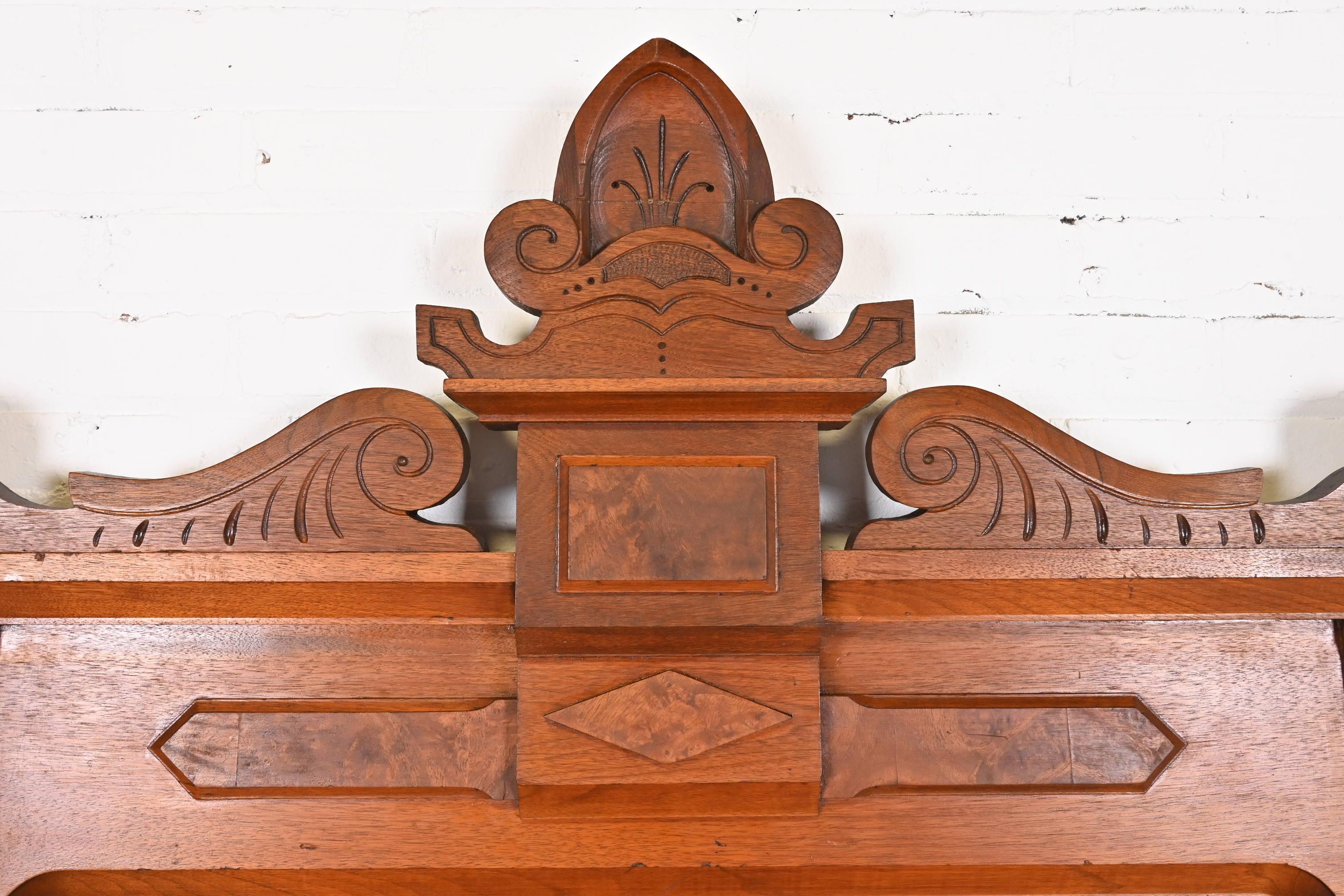 Antique Eastlake Victorian Carved Burled Walnut Monumental Full Size Headboard 1