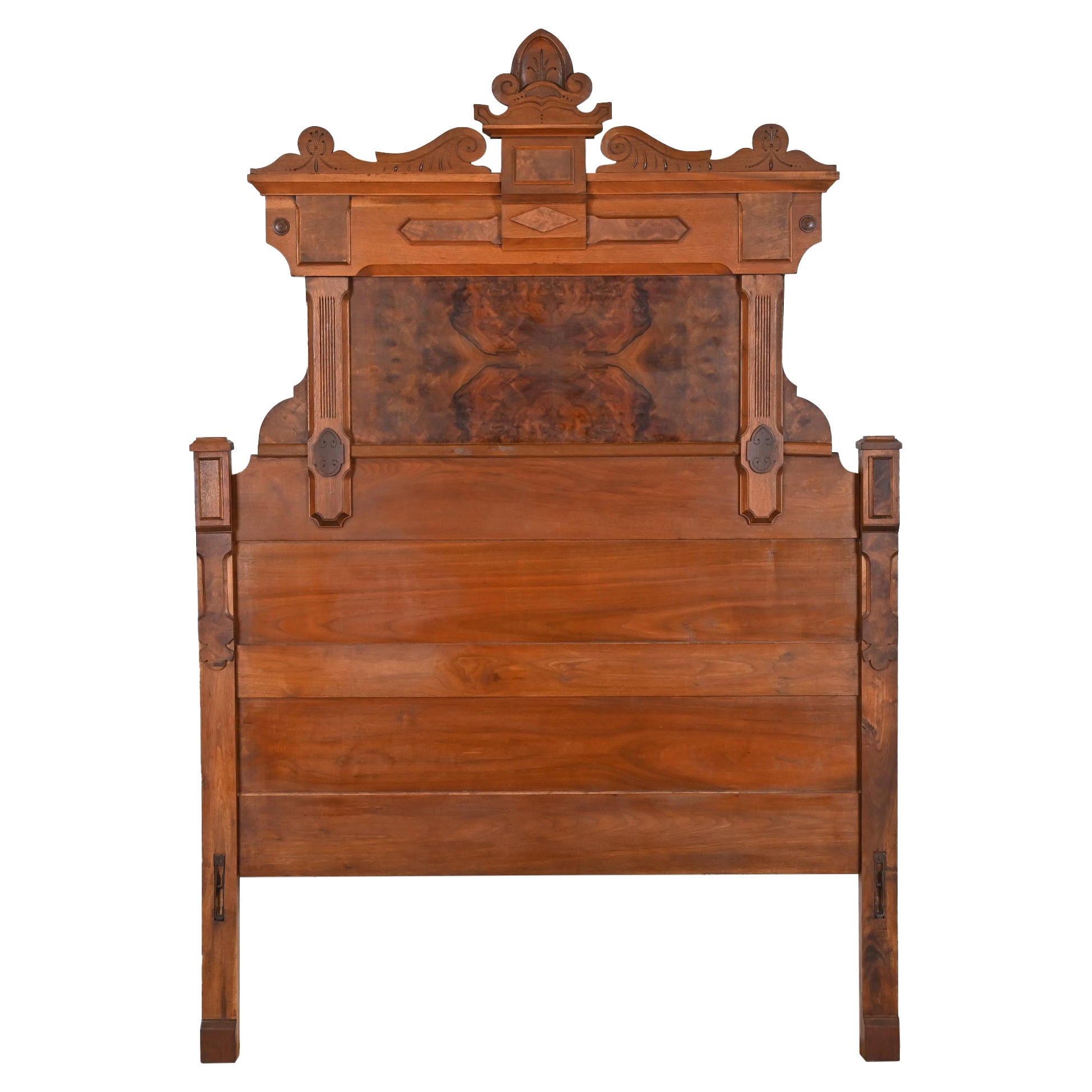 Antique Eastlake Victorian Carved Burled Walnut Monumental Full Size Headboard