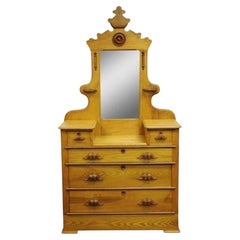 Antique Eastlake Victorian Carved Chestnut Step Down Cottage Dresser w/ Mirror