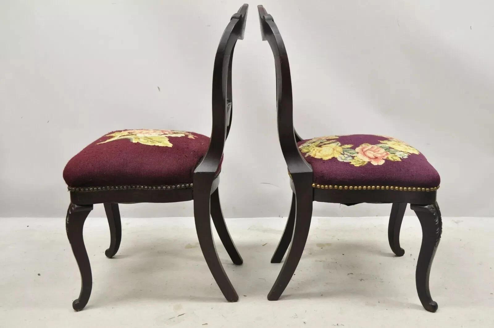Antique Eastlake Victorian Carved Mahogany Needlepoint Parlor Side Chairs - Pair For Sale 7
