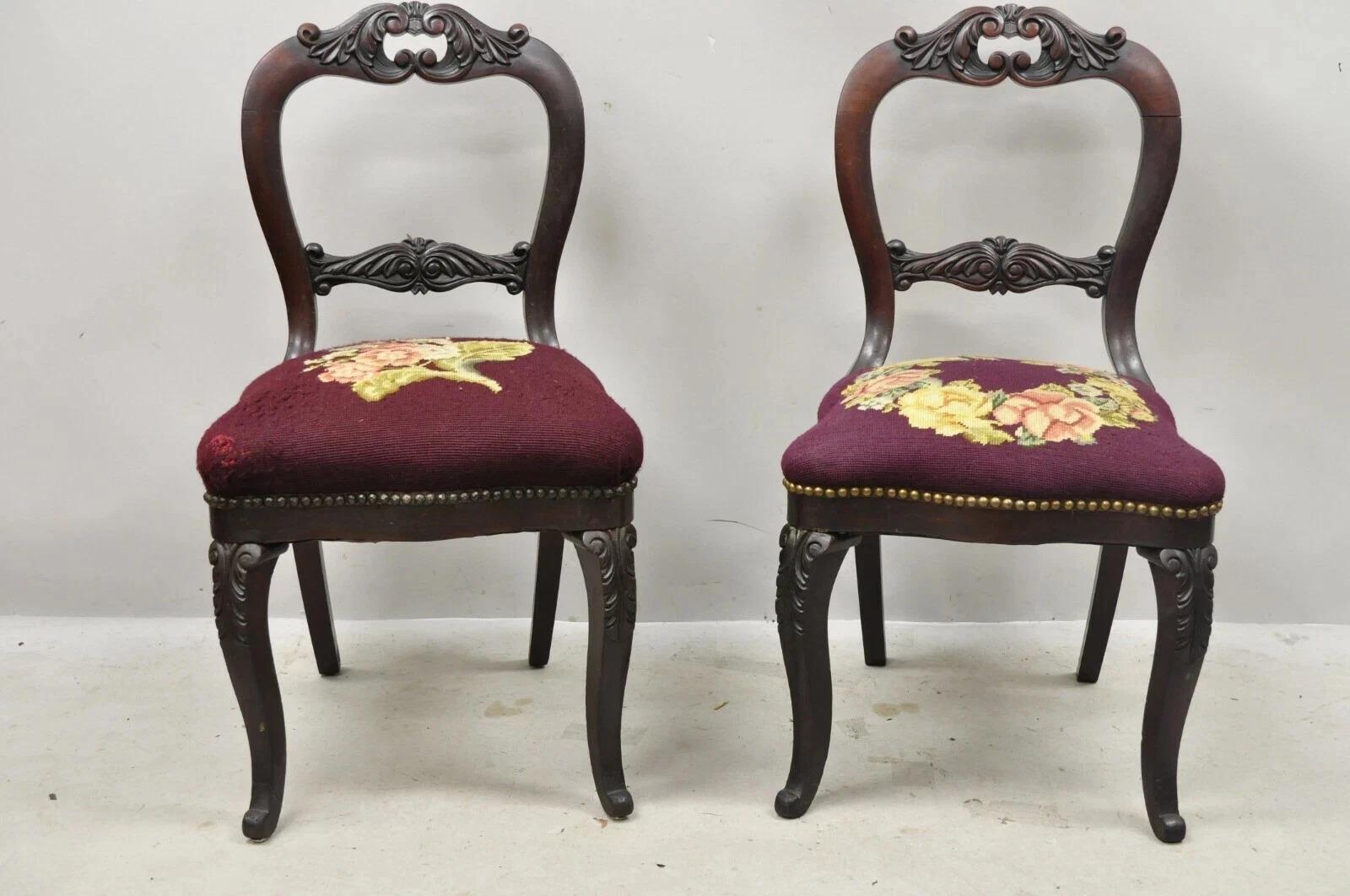 Antique Eastlake Victorian Carved Mahogany Needlepoint Parlor Side Chairs - a Pair. Circa Late 19th Century. Measurements: 34