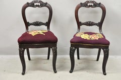 Antique Eastlake Victorian Carved Mahogany Needlepoint Parlor Side Chairs - Pair