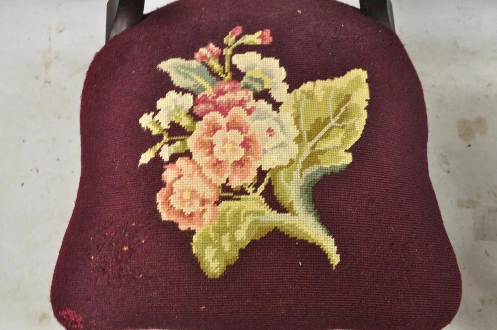 19th Century Antique Eastlake Victorian Carved Mahogany Needlepoint Parlor Side Chairs - Pair For Sale