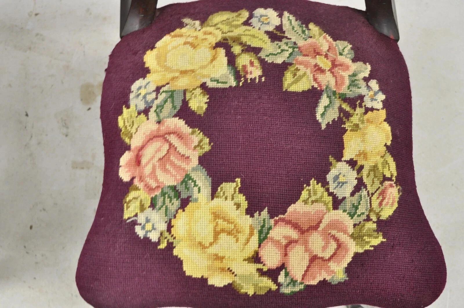 Antique Eastlake Victorian Carved Mahogany Needlepoint Parlor Side Chairs - Pair For Sale 1