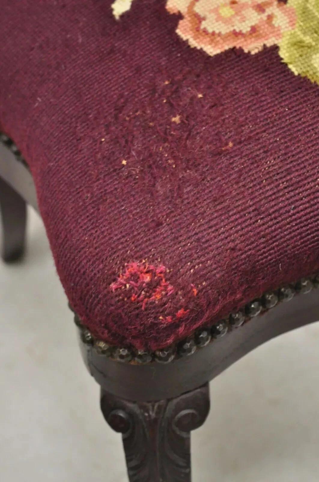 Antique Eastlake Victorian Carved Mahogany Needlepoint Parlor Side Chairs - Pair For Sale 2