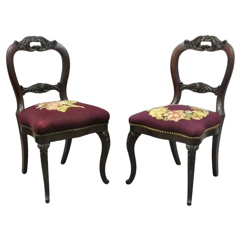 Antique Eastlake Victorian Carved Mahogany Needlepoint Parlor Side Chairs - Pair For Sale