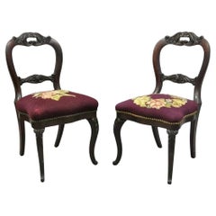 Antique Eastlake Victorian Carved Mahogany Needlepoint Parlor Side Chairs - Pair