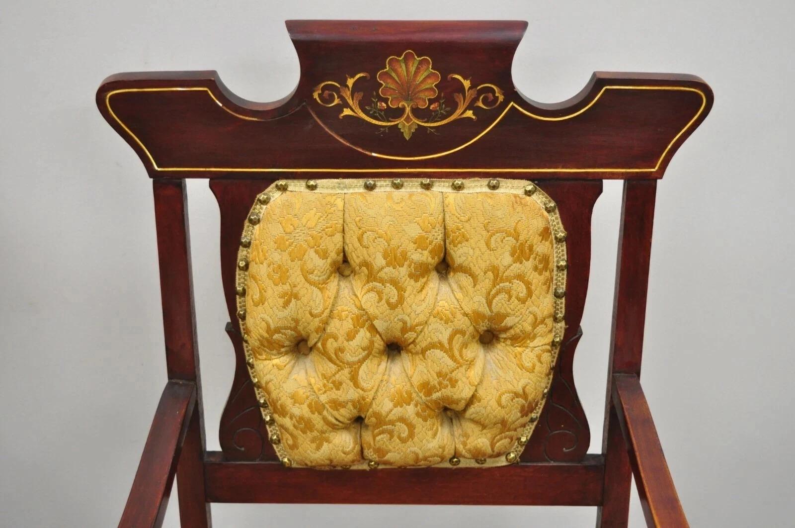Victorien Ancienne paire de fauteuils de salon en acajou sculpté de l'époque victorienne d'Eastlake avec incrustations en vente