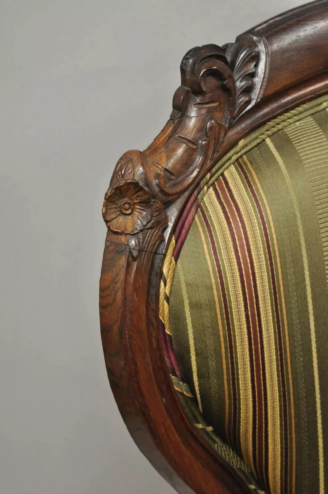 Antique Eastlake Victorian Carved Rosewood Parlor Balloon Back Arm Chair In Good Condition In Philadelphia, PA