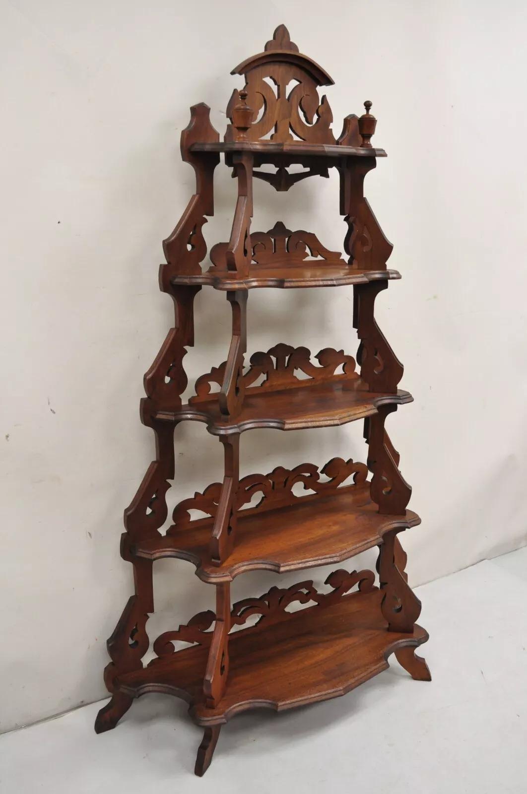 Antique Eastlake Victorian Carved Walnut 5 Tier Etagere Curio Whatnot Stand For Sale 7