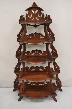 Antique Eastlake Victorian Carved Walnut 5 Tier Etagere Curio Whatnot Stand