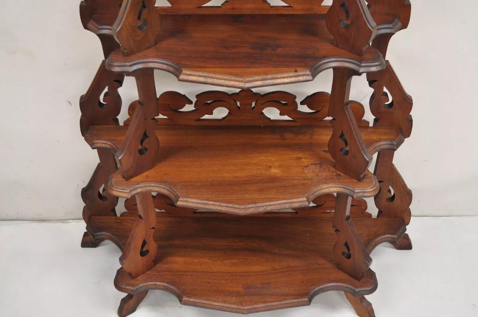Antique Eastlake Victorian Carved Walnut 5 Tier Etagere Curio Whatnot Stand In Good Condition For Sale In Philadelphia, PA