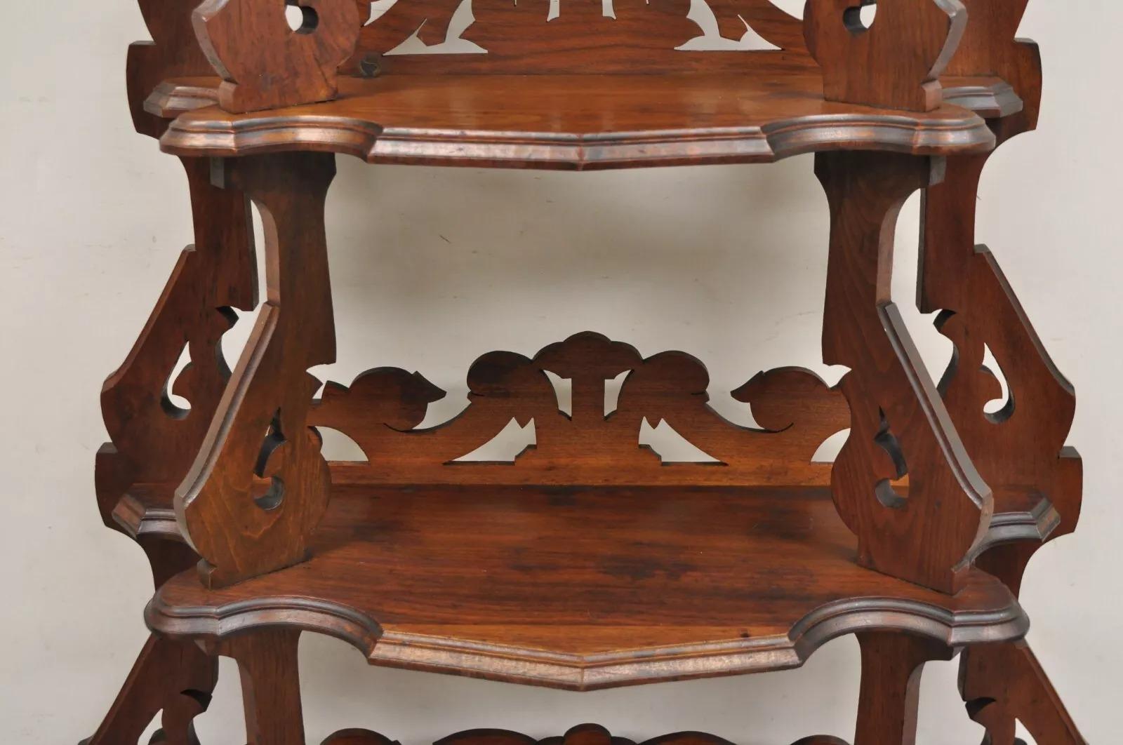 19th Century Antique Eastlake Victorian Carved Walnut 5 Tier Etagere Curio Whatnot Stand For Sale