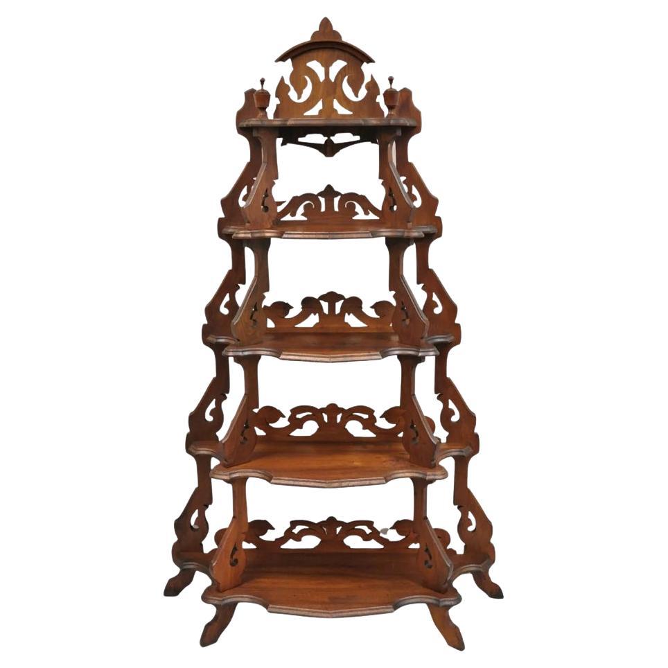 Antique Eastlake Victorian Carved Walnut 5 Tier Etagere Curio Whatnot Stand