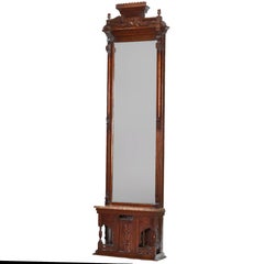 Antique Eastlake Victorien Miroir d'embarcadère en noyer et ronce sculpté C1890