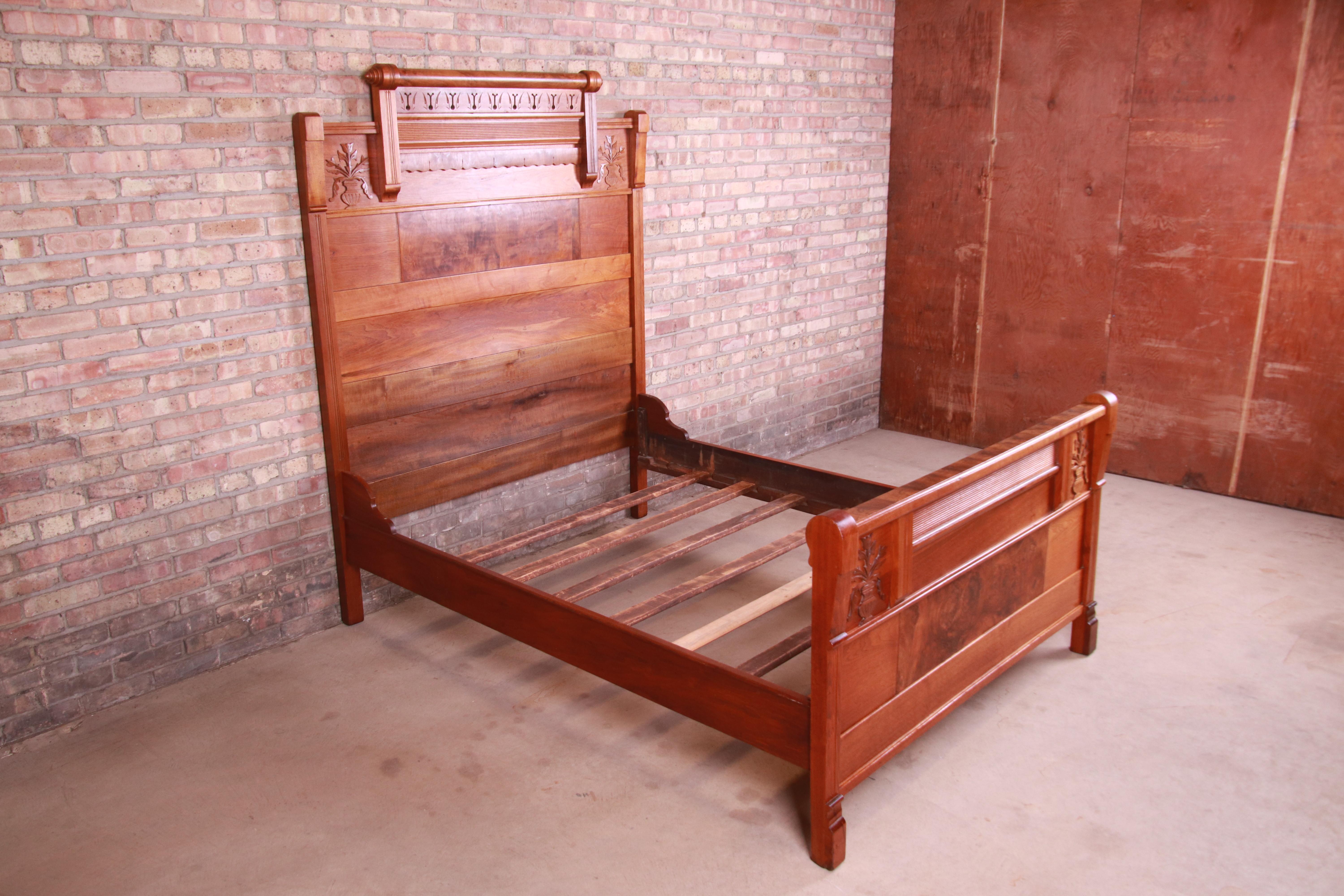 American Antique Eastlake Victorian Carved Walnut and Burl Wood Full Size Bed, 1880s